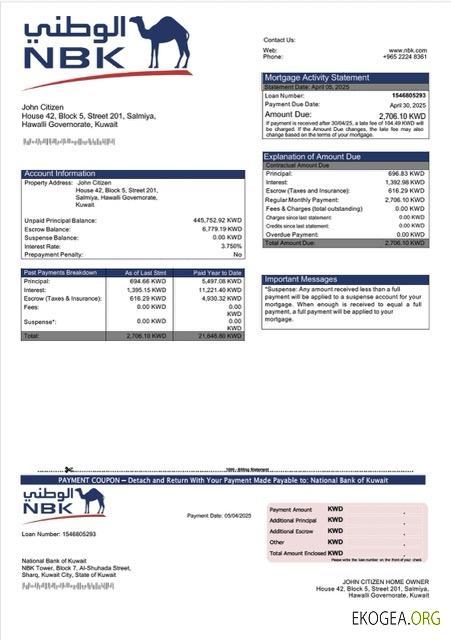 Modèle Word et PDF de relevé hypothécaire de la Banque nationale du Koweït du Koweït